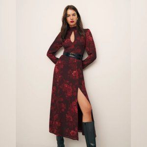 NWOT Reformation Castalia Dress in Sanguine Red Black Floral Midi Mock Neck